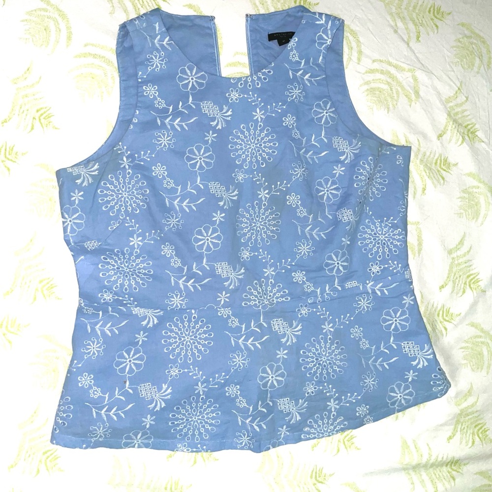 Ann Taylor Light Blue Floral Embroidered Blouse